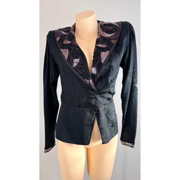 Jackets & Blazers - Vintage Silk Beaded Sequin Jacquard Evening Blazer Black Long Sleeve Jacket